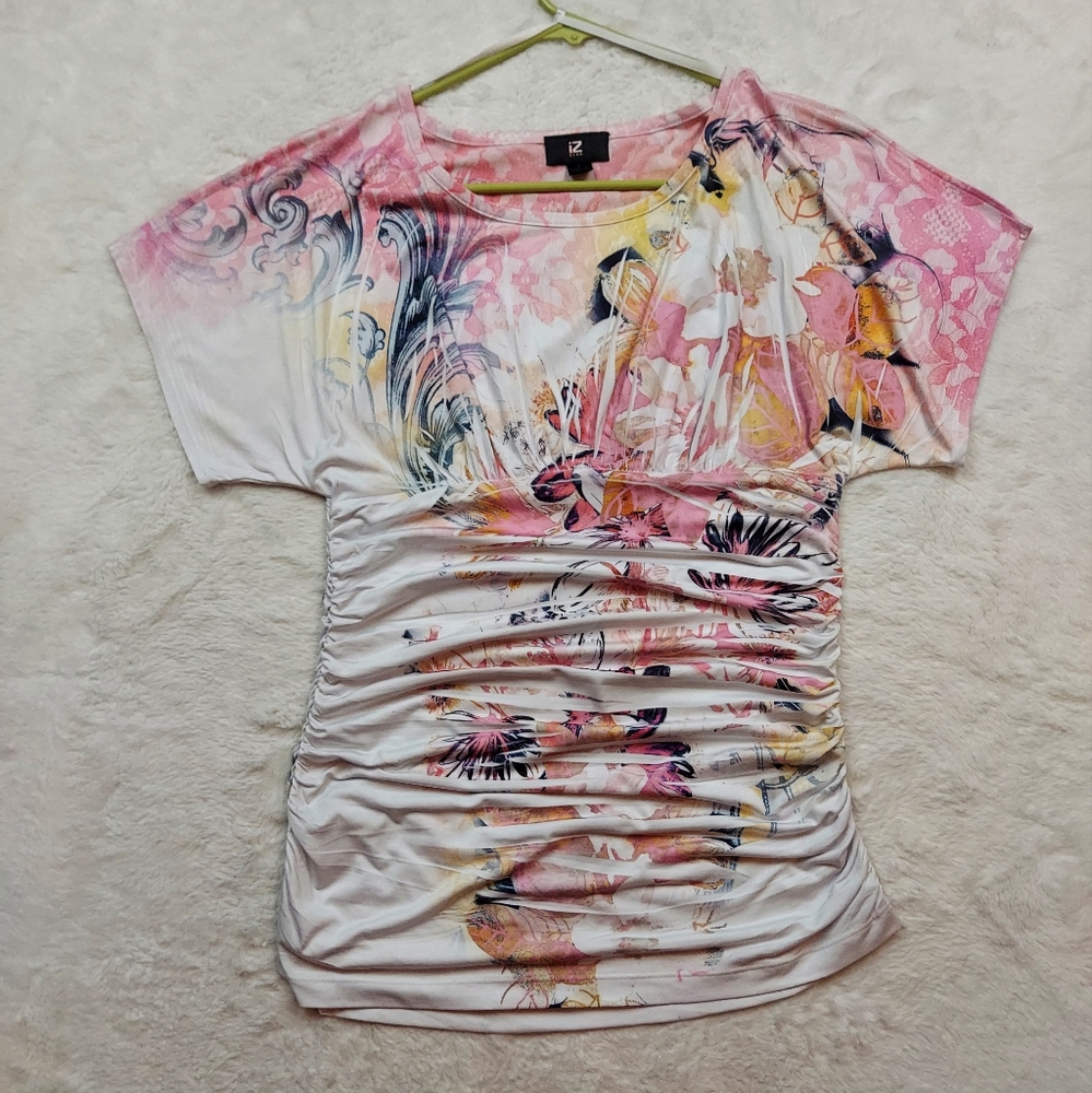 IZ Byer White Pink Yellow Floral Ruched Sides Stretch Blouse Size L